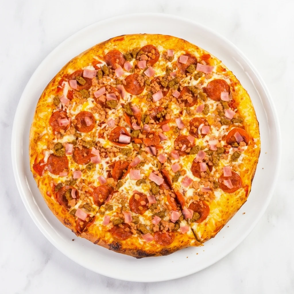 Meat Lovers Pizza with pepperoni, ham, bacon, beef and Italian sausage at Flamora Pizza in Red Deer, AB